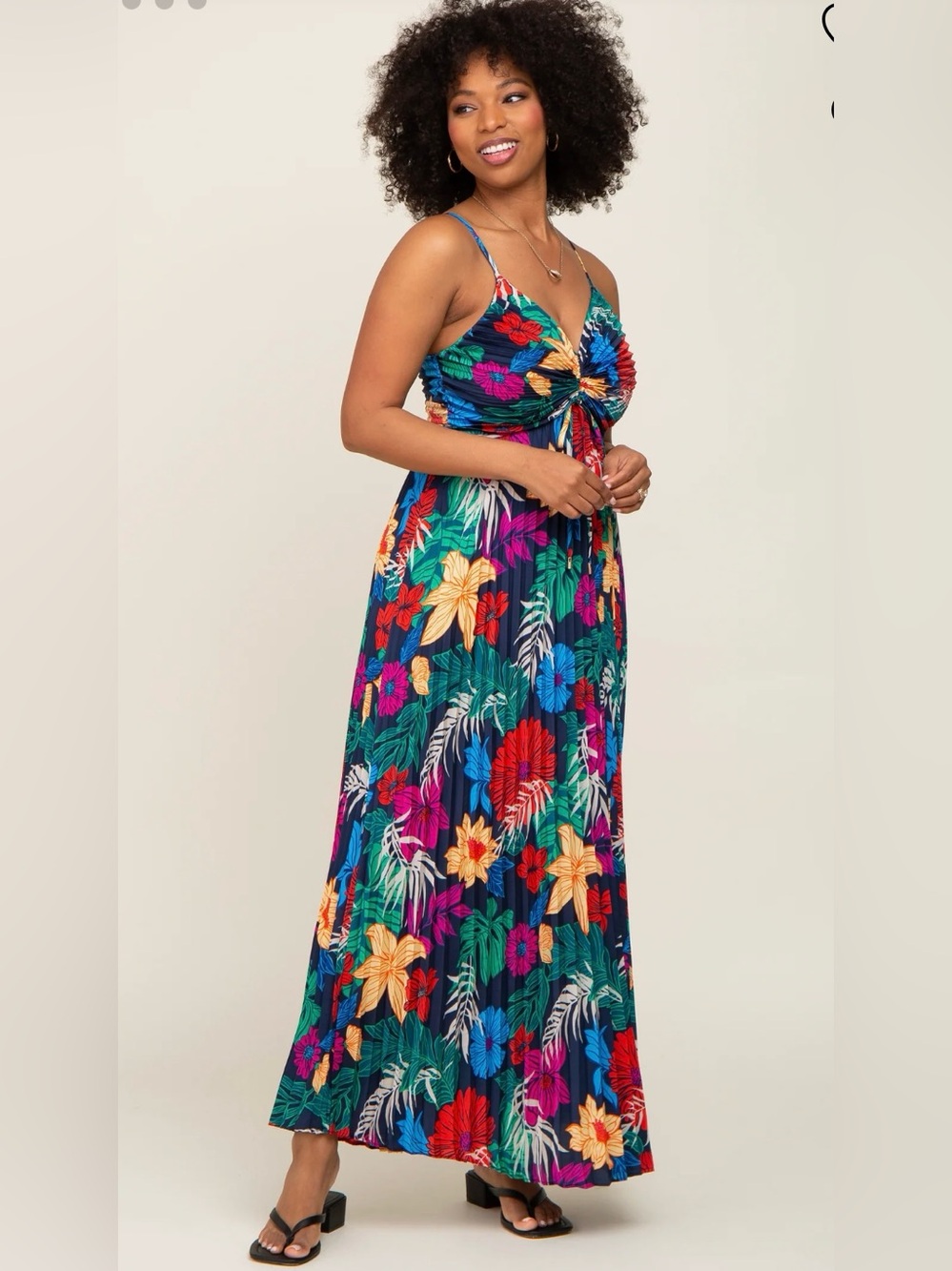 PINK BLUSH Black Tropical Floral Satin Pleated Maxi Dress